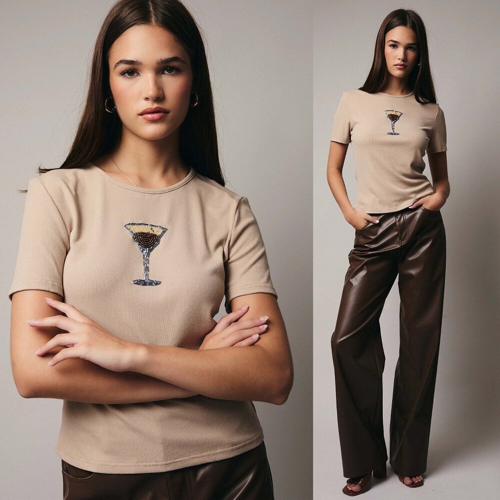Espresso Martini Round Neck Rib Top | Women's Shirt | Crewneck Fitted Beaded